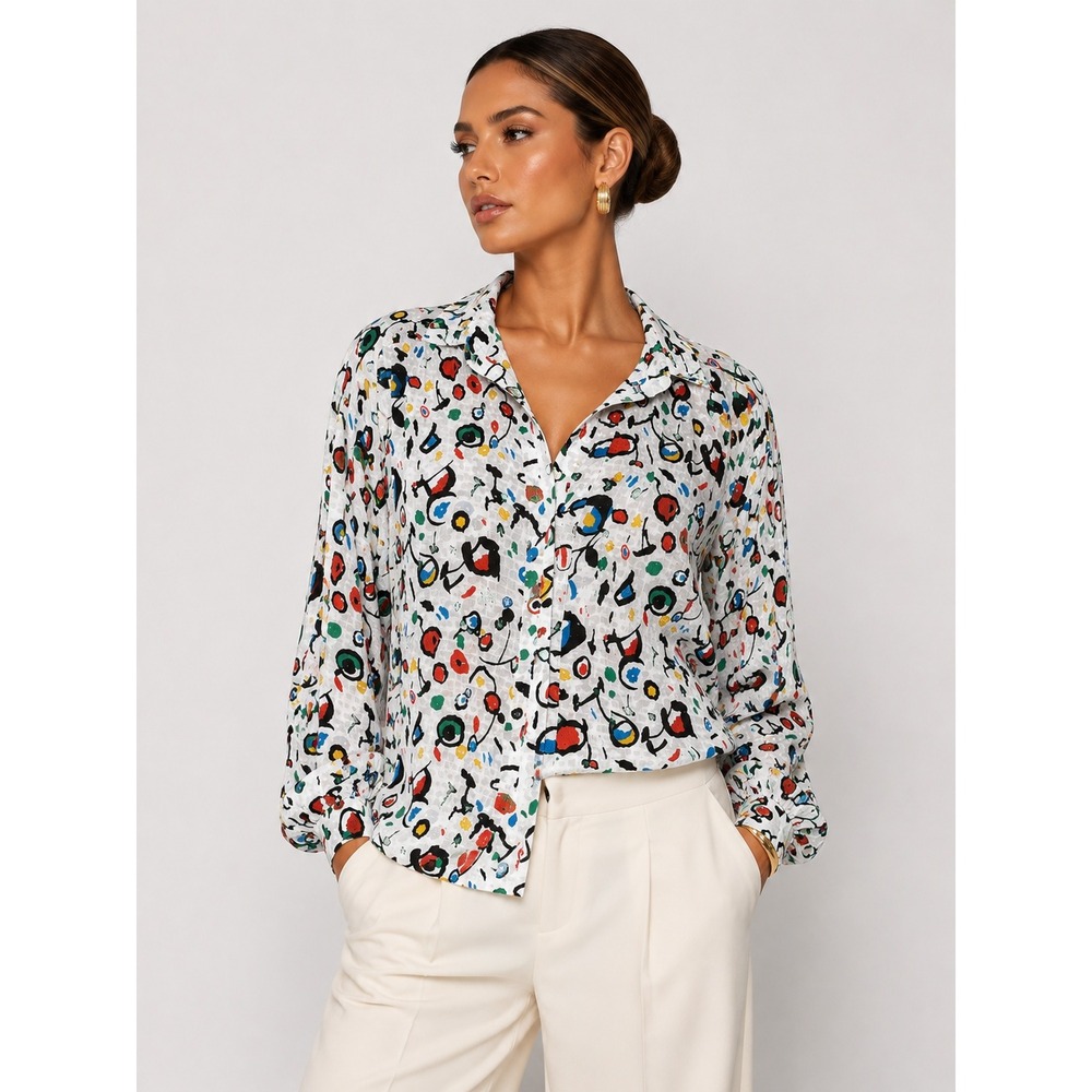 Nordstrom VTG Petite Focus Vintage Abstract Geometric Button Blouse White 12 P L